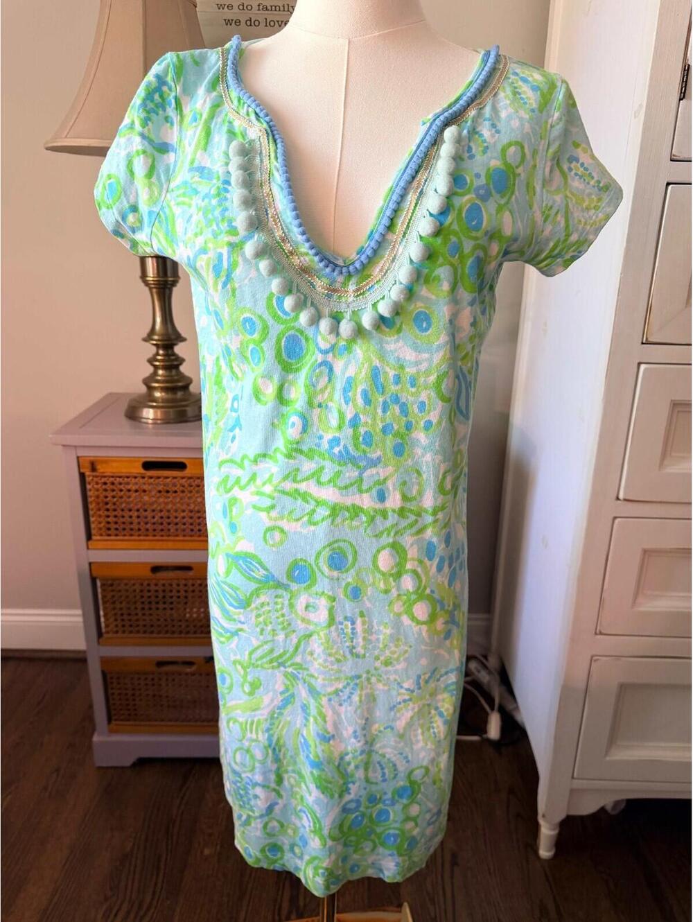 Lilly Pulitzer Harper Pom-Pom T-Shirt Dress "Any Fins Possible" SIZE MEDIUM